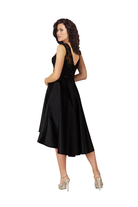 Schwarz A-Linien Illusion Ausschnitt Midi Satin Spitze Kurze Brautjungfernkleider / Cocktailkleider / Heimkehr Kleider Websites