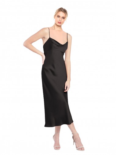 Schwarz A-Linien Spaghetti-Träger Haube Ausschnitt Midi Stretch-Satin Kurze Formale Brautjungfernkleider / Abendkleider / Abiballkleider / Cocktailkleider / Heimkehr Kleider Websites