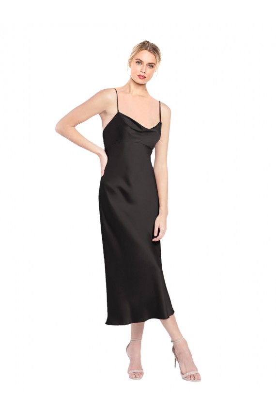 Schwarz A-Linien Spaghetti-Träger Haube Ausschnitt Midi Stretch-Satin Kurze Formale Brautjungfernkleider / Abendkleider / Abiballkleider / Cocktailkleider / Heimkehr Kleider Websites