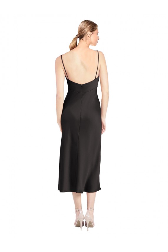 Schwarz A-Linien Spaghetti-Träger Haube Ausschnitt Midi Stretch-Satin Kurze Formale Brautjungfernkleider / Abendkleider / Abiballkleider / Cocktailkleider / Heimkehr Kleider Websites