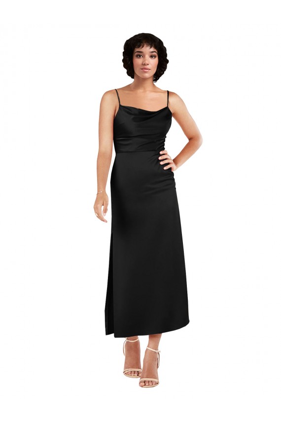 Schwarz A-Linien Spaghetti-Träger Haube Ausschnitt Wadenlang Seidiger Satin Kurze Formale Brautjungfernkleider / Abendkleider / Abiballkleider / Cocktailkleider / Heimkehr Kleider Websites
