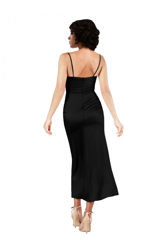 Schwarz A-Linien Spaghetti-Träger Haube Ausschnitt Wadenlang Seidiger Satin Kurze Formale Brautjungfernkleider / Abendkleider / Abiballkleider / Cocktailkleider / Heimkehr Kleider Websites