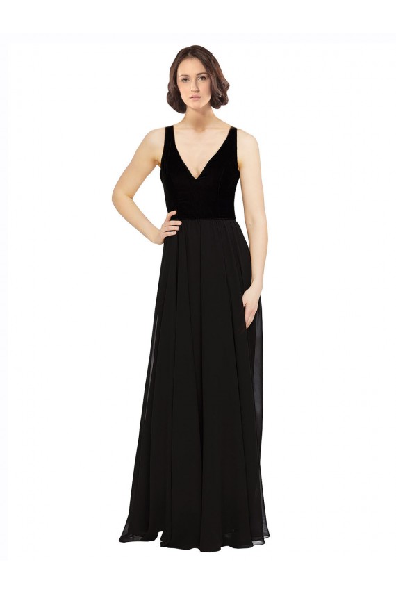 Schwarz A-Linien V-Ausschnitt Chiffon Samt Lange Brautjungfernkleider / Abiballkleider Websites