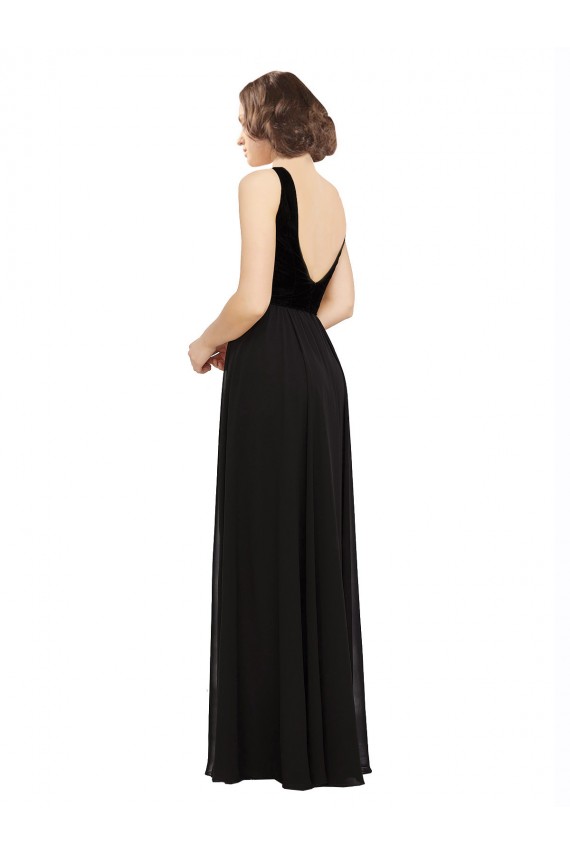 Schwarz A-Linien V-Ausschnitt Chiffon Samt Lange Brautjungfernkleider / Abiballkleider Websites