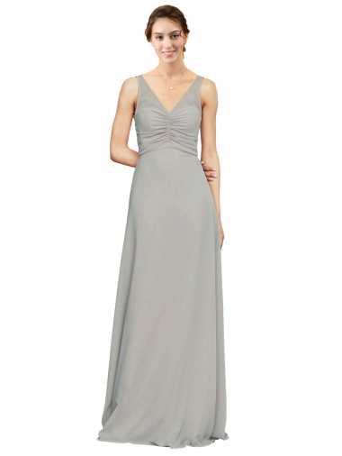 Silber A-Linien V-Ausschnitt Chiffon Lange Brautjungfernkleider Websites