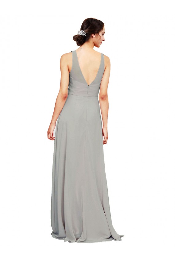 Silber A-Linien V-Ausschnitt Chiffon Lange Brautjungfernkleider Websites