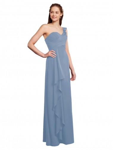 Staubiges Blau A-Linien Eine-Schulter Chiffon Lange Brautjungfernkleider Websites