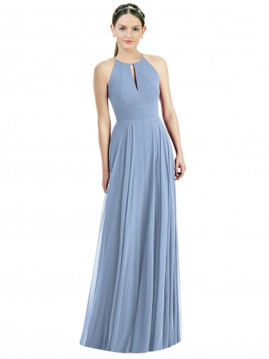 Staubiges Blau A-Linien Neckholder Chiffon Lange Brautjungfernkleider Websites