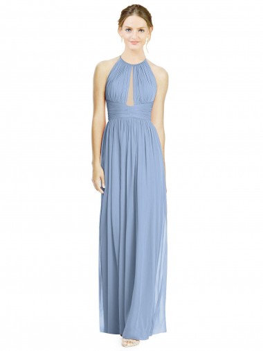 Staubiges Blau A-Linien Neckholder Chiffon Lange Brautjungfernkleider Websites