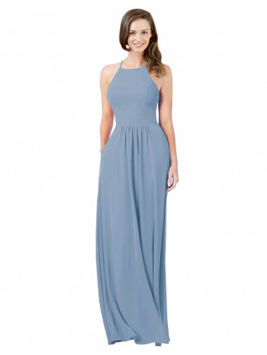 Staubiges Blau A-Linien Neckholder Chiffon Lange Brautjungfernkleider Websites