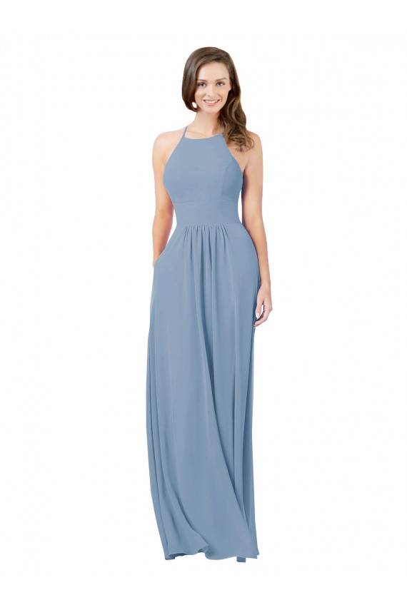 Staubiges Blau A-Linien Neckholder Chiffon Lange Brautjungfernkleider Websites