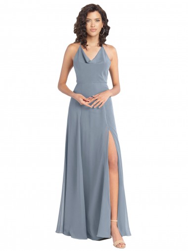 Staubiges Blau A-Linien Neckholder Haube Ausschnitt Chiffon Lange Brautjungfernkleider Websites