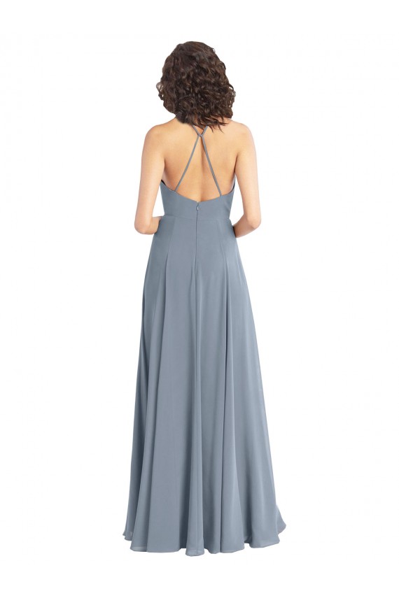Staubiges Blau A-Linien Neckholder Haube Ausschnitt Chiffon Lange Brautjungfernkleider Websites