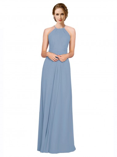 Staubiges Blau A-Linien Neckholder Stehkragen Ausschnitt Chiffon Lange Brautjungfernkleider Websites