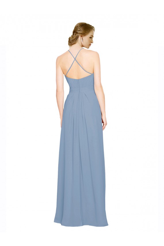 Staubiges Blau A-Linien Neckholder Stehkragen Ausschnitt Chiffon Lange Brautjungfernkleider Websites