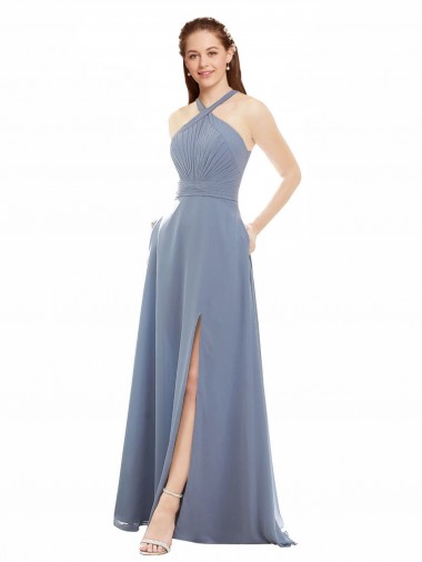 Staubiges Blau A-Linien Neckholder Stehkragen Ausschnitt Chiffon Lange Brautjungfernkleider Websites