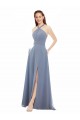 Staubiges Blau A-Linien Neckholder Stehkragen Ausschnitt Chiffon Lange Brautjungfernkleider Websites
