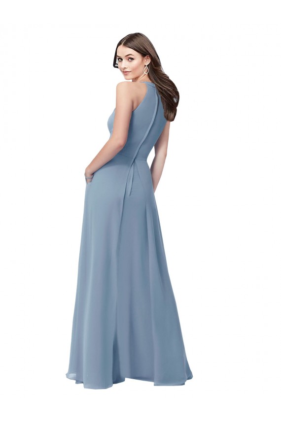 Staubiges Blau A-Linien Neckholder Stehkragen Ausschnitt Chiffon Lange Brautjungfernkleider Websites