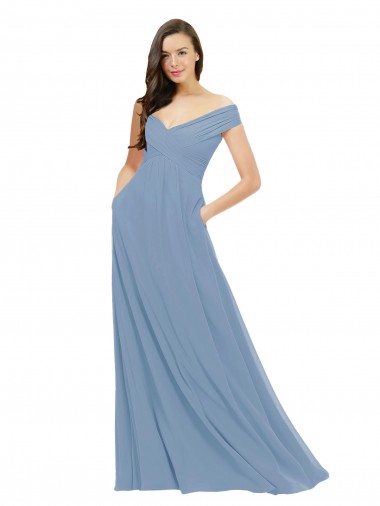 Staubiges Blau A-Linien Off-Schulter Chiffon Lange Brautjungfernkleider Websites