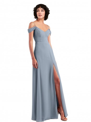 Staubiges Blau A-Linien Off-Schulter Spaghetti-Träger Chiffon Lange Brautjungfernkleider Websites