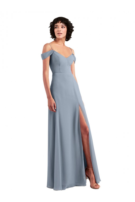 Staubiges Blau A-Linien Off-Schulter Spaghetti-Träger Chiffon Lange Brautjungfernkleider Websites