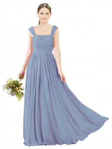Staubiges Blau A-Linien Quadrat Ausschnitt Chiffon Lange Brautjungfernkleider Websites