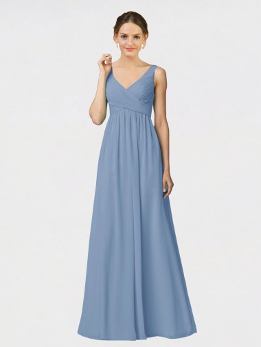 Staubiges Blau A-Linien Spaghetti-Träger Chiffon Lange Brautjungfernkleider Websites