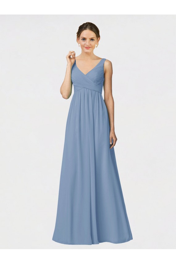 Staubiges Blau A-Linien Spaghetti-Träger Chiffon Lange Brautjungfernkleider Websites