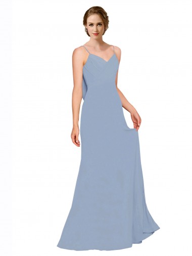 Staubiges Blau A-Linien Spaghetti-Träger Chiffon Lange Brautjungfernkleider Websites
