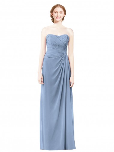 Staubiges Blau A-Linien Trägerlos Chiffon Lange Brautjungfernkleider Websites