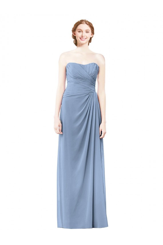 Staubiges Blau A-Linien Trägerlos Chiffon Lange Brautjungfernkleider Websites