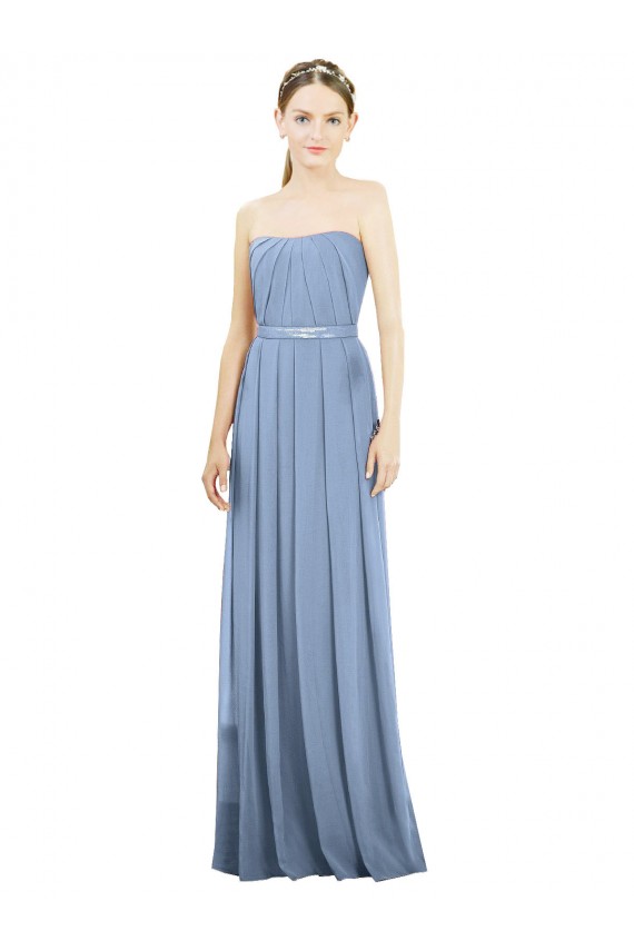 Staubiges Blau A-Linien Trägerlos Chiffon Lange Brautjungfernkleider Websites