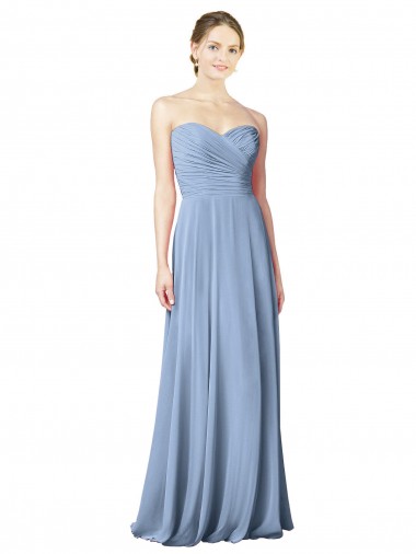 Staubiges Blau A-Linien Trägerlos Chiffon Lange Brautjungfernkleider Websites