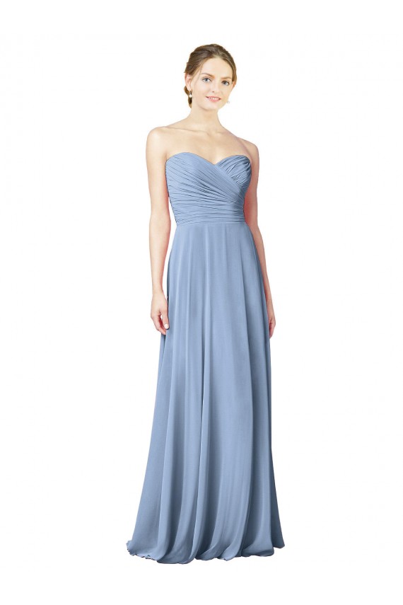 Staubiges Blau A-Linien Trägerlos Chiffon Lange Brautjungfernkleider Websites