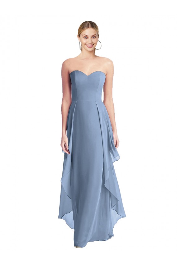 Staubiges Blau A-Linien Trägerlos Chiffon Lange Brautjungfernkleider Websites