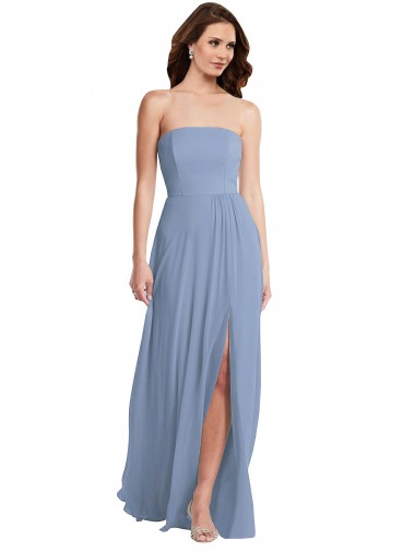Staubiges Blau A-Linien Trägerlos Chiffon Lange Brautjungfernkleider Websites