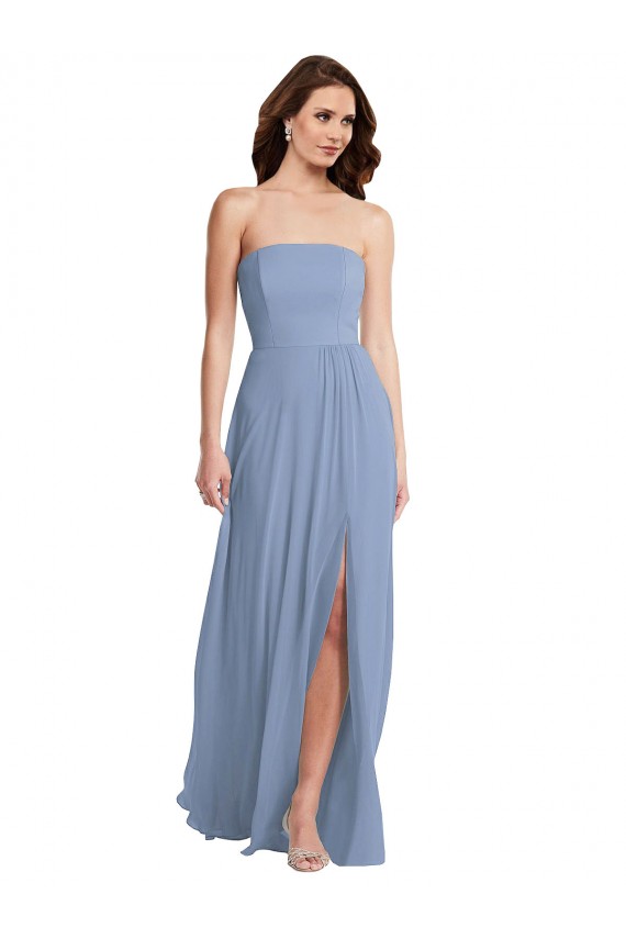 Staubiges Blau A-Linien Trägerlos Chiffon Lange Brautjungfernkleider Websites