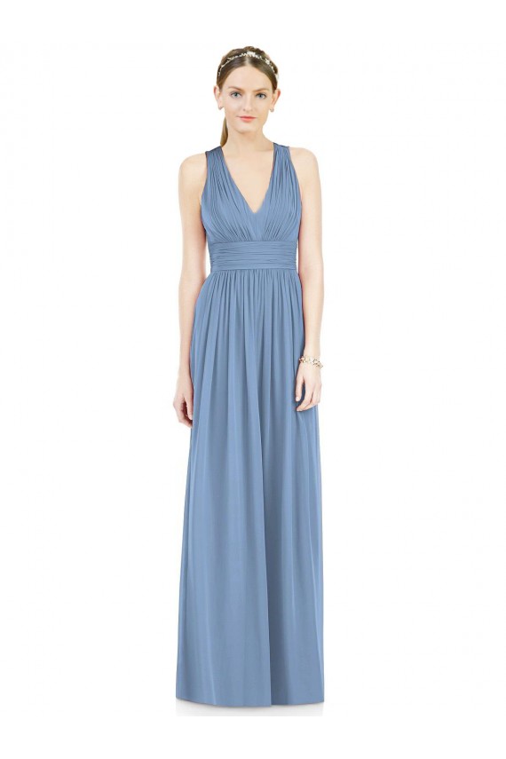 Staubiges Blau A-Linien V-Ausschnitt Chiffon Lange Brautjungfernkleider Websites