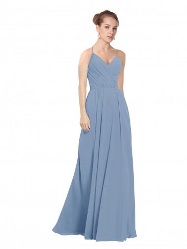 Staubiges Blau A-Linien V-Ausschnitt Chiffon Lange Brautjungfernkleider Websites