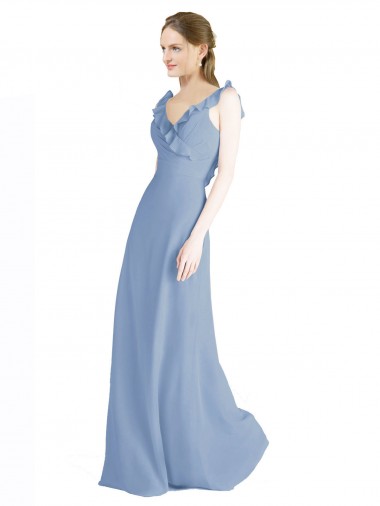 Staubiges Blau A-Linien V-Ausschnitt Chiffon Lange Brautjungfernkleider Websites