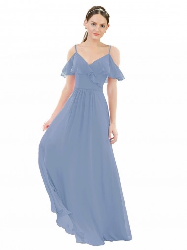 Staubiges Blau A-Linien V-Ausschnitt Chiffon Lange Brautjungfernkleider Websites
