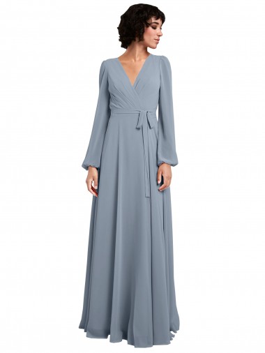 Staubiges Blau A-Linien V-Ausschnitt Chiffon Lange Brautjungfernkleider Websites
