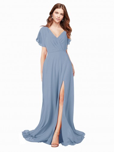 Staubiges Blau A-Linien V-Ausschnitt Chiffon Lange Brautjungfernkleider / Abiballkleider Websites