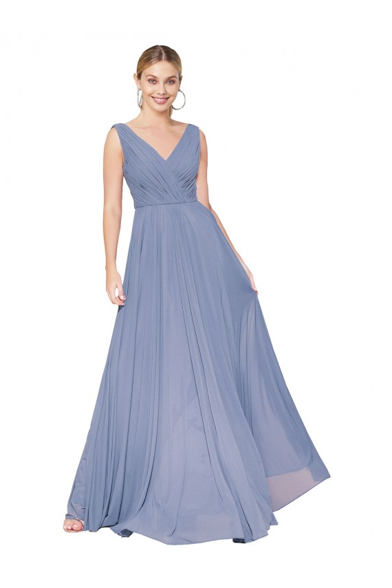 Staubiges Blau A-Linien V-Ausschnitt Chiffon Lange Formale Brautjungfernkleider / Abendkleider / Abiballkleider Websites