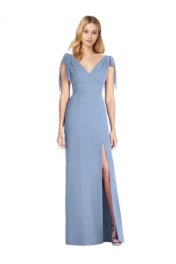 Staubiges Blau Meerjungfrau V-Ausschnitt Chiffon Lange Brautjungfernkleider Websites