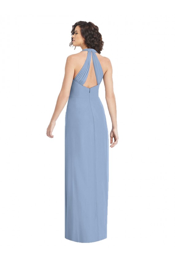 Staubiges Blau Trompete Neckholder V-Ausschnitt Chiffon Lange Formale Brautjungfernkleider / Abendkleider Websites