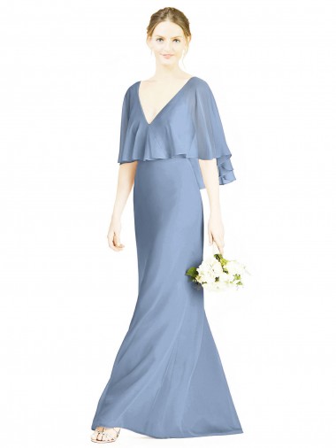 Staubiges Blau Trompete V-Ausschnitt Chiffon Lange Brautjungfernkleider Websites