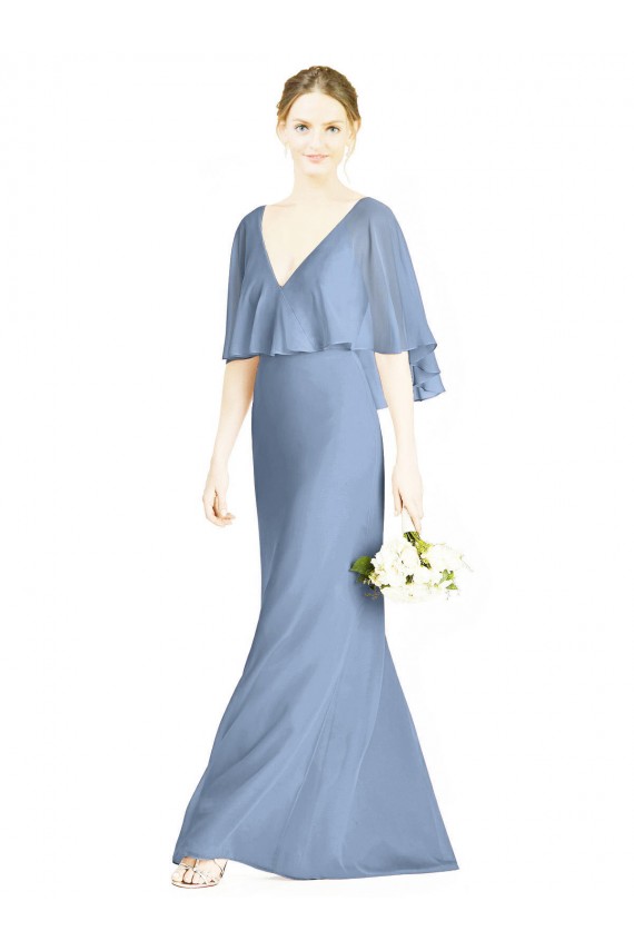 Staubiges Blau Trompete V-Ausschnitt Chiffon Lange Brautjungfernkleider Websites