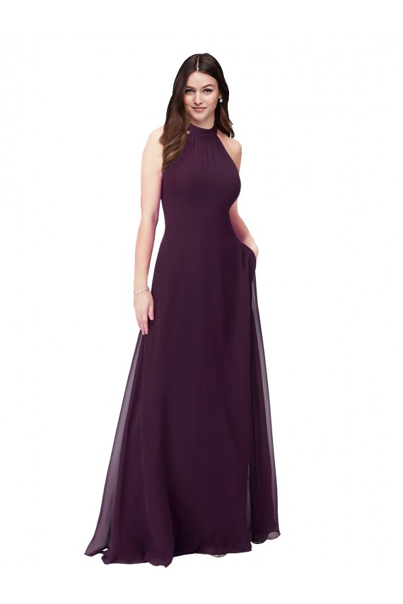 Traube A-Linien Neckholder Stehkragen Ausschnitt Chiffon Lange Brautjungfernkleider Websites