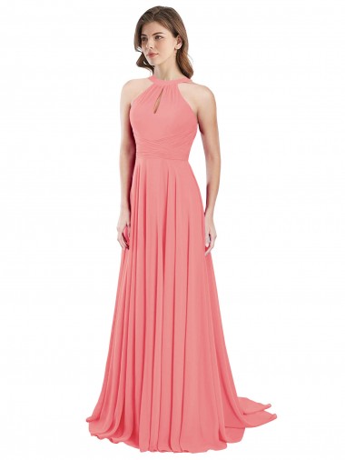 Wassermelone A-Linien Neckholder Chiffon Lange Brautjungfernkleider Websites